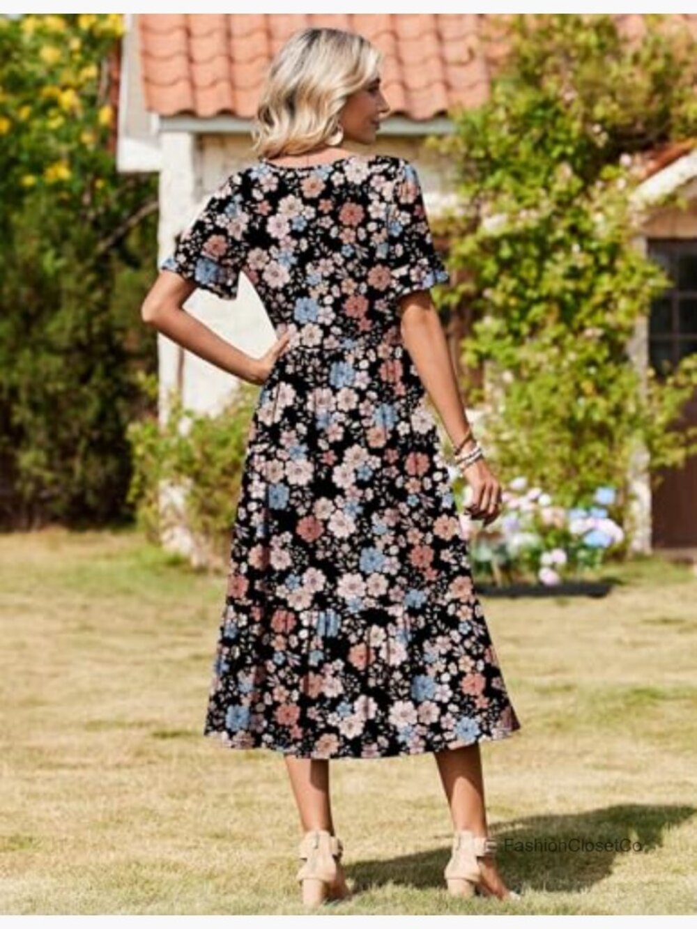 Flowy Midi Sundress with Ruffle Short Sleeves and Pockets - Picture 2 of 7